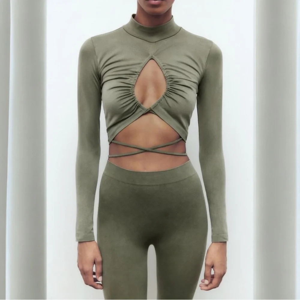 Zara Olive Cutout Cut Out Ruched Crop Top - Picture 1 of 7